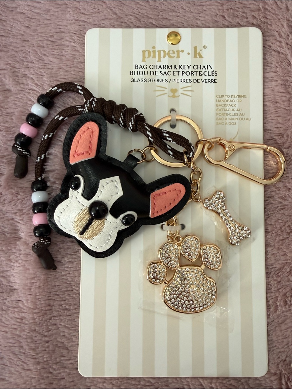 🐾 Piper K Dog Face Bag Charm Keychain with Gold Paw and Bone
